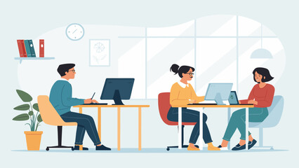 Three colleagues collaborating in a modern office setting, ideal for website banners or marketing materials.