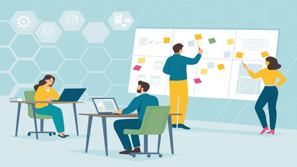 Team brainstorming session in modern office, perfect for website landing page or business presentation.