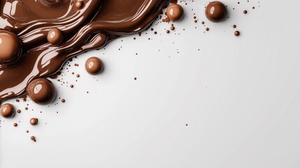 Artistic abstract composition of flowing liquid chocolate cascading down white background with scattered brown spheres, elegant copy space for text or luxury product presentation