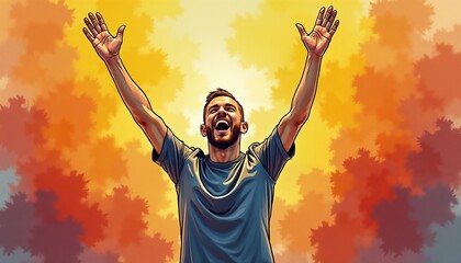 Expressive watercolor illustration of a man throwing his arms up in joy against a bright yellow and orange burst background, celebrating a big win