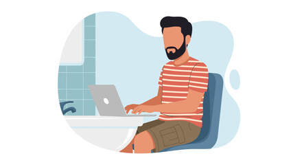 Man working on laptop in bathroom, perfect for illustrating remote work or flexible lifestyle.