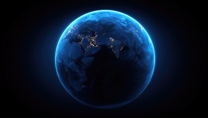 Earth at night, vibrant blue glow, dark space background