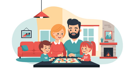Happy family playing a board game together at home. Perfect for family blogs, websites, or articles about family time and togetherness.
