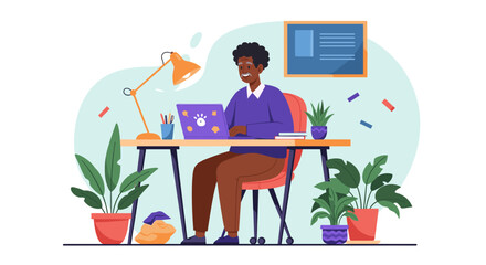 Smiling senior man working on laptop at home office, perfect for websites or blog posts about retirement, remote work, or online learning.