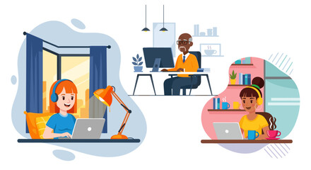 Remote Work Illustration: Diverse Team Working from Home on Laptops, Perfect for Websites and Presentations.