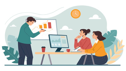 Fototapeta premium Business team meeting: presentation, analysis, and collaboration. Ideal for reports, websites, and marketing materials.