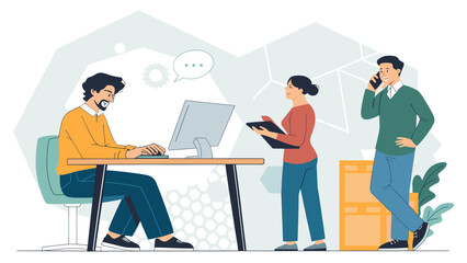 Teamwork in a modern office: Illustration of colleagues collaborating on a project, perfect for website banners or business presentations.