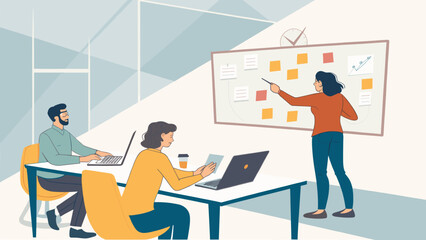 Teamwork and Collaboration: Illustration of colleagues working together on a project, perfect for business presentations or website banners.