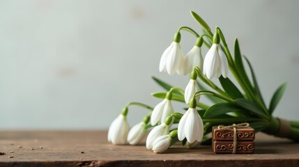 Delicate Snowdrop Bouquet Resting on Rustic Wooden Surface with Small Ornate Box