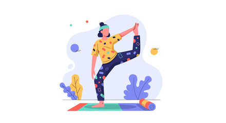 Woman practicing yoga, Natarajasana pose. Illustration perfect for wellness websites, yoga studios, and health publications.