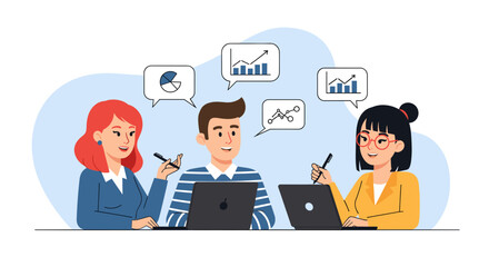 Diverse business team collaborating on laptops, brainstorming ideas with charts and graphs. Ideal for websites, presentations, and marketing materials.