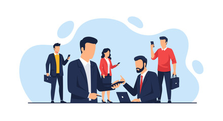 Business team collaboration: Diverse professionals using technology for project management and communication.