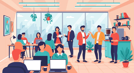 Modern Coworking Space Illustration: Perfect for website banners, brochures, and presentations showcasing a collaborative and creative work environment.