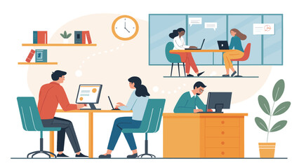 Diverse team collaborating in a modern office, perfect for illustrating teamwork, communication, or remote work.