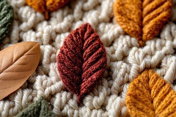 Crocheted coasters in warm colors, surrounded by scattered autumn leaves showcasing autumn aesthetics. Concept of crocheted coasters blending with fall nature elements.