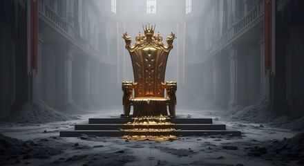 The Majestic Golden Throne Stands Empty Amidst the Ruins of a Forgotten Kingdom Its Grandeur Evokes Power and Mystery