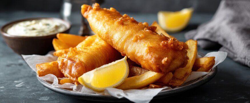 Golden fried fish rests atop crispy chips with a lemon wedge, inviting a delicious and satisfying meal experience.