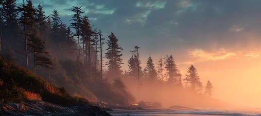 Early morning sky shines gently above quiet sea and towering coastal forest trees