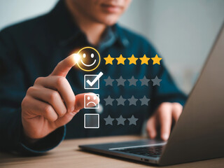 Online Customer Feedback – User Selecting Five-Star Happy Rating on Digital Review Interface
