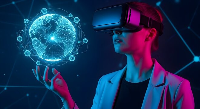 Man wearing virtual reality headset interacts with glowing digital globe hologram