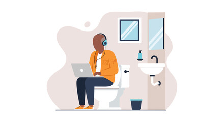 Man working on laptop in bathroom, perfect for illustrating work-life balance or remote work.