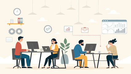 Teamwork in a modern office: Illustration perfect for website banners, presentations, and brochures.