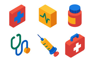 Colorful isometric medical icons set with stethoscope, syringe, and medicine