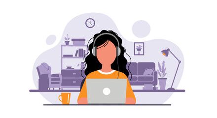 Woman working from home on laptop with headphones, perfect for remote work, online learning, or work-life balance illustrations.