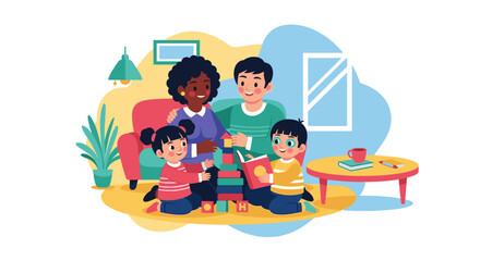 Happy diverse family playing with blocks and reading books together at home. Ideal for family blogs, parenting websites, and children's book illustrations.