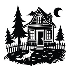 Cozy cartoon house illustration nestled in a snowy winter forest landscape with a towering tree, perfect for a Christmas village design