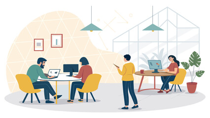 Modern co-working space illustration, perfect for website banners or marketing brochures.
