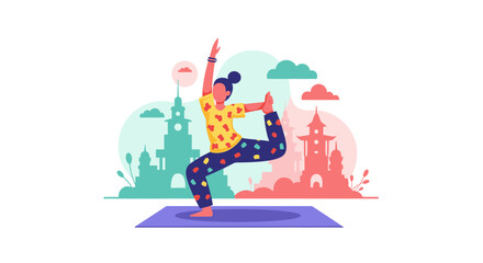 Woman doing yoga pose against city skyline illustration - perfect for wellness websites, yoga studios, or health blogs.