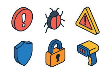 Isometric security icons with alert, bug, shield, lock, and scanner