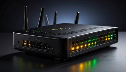 A black rectangular network device with multiple antennas and indicator lights sits on a dark surface