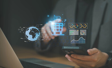 Business person point and manage online e-commerce business automation logistic supply chain in online dashboard. Global worldwide logistic management for online shopping with warehouse inventory.