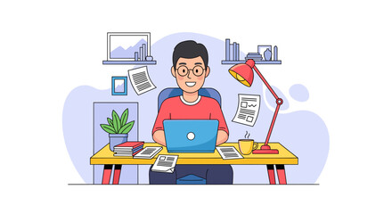 Happy man working on laptop at home office, perfect for blog, website or social media.