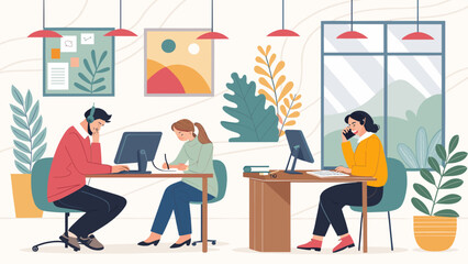 Modern office workers collaborating, ideal for websites and brochures promoting teamwork and productivity.