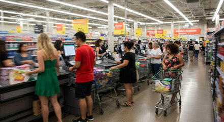 Customers waiting in line at a grocery store checkout.