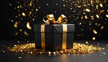 A black gift box with gold ribbon and confetti