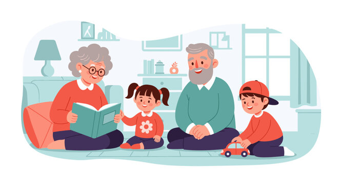 Grandparents reading to grandchildren, perfect for family, children's book, or education websites and brochures. - Powered by Adobe