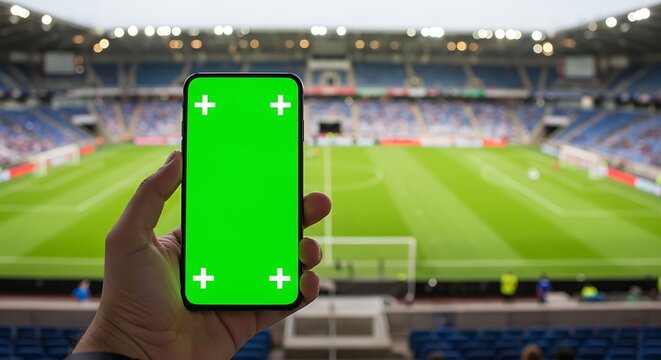 A hand holding a smartphone with a green screen, focused on a blurry stadium filled with spectators and a football field.