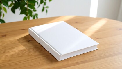 A blank, white book rests on a light wood table in sunlight
