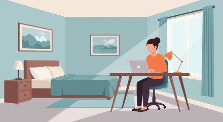 Woman working from home in a bedroom, perfect for remote work and freelance lifestyle articles.