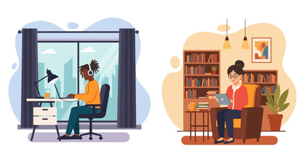 Remote Work Illustration: Diverse individuals working from home, perfect for websites, blogs, and presentations about telecommuting, work-life balance, or remote work solutions.