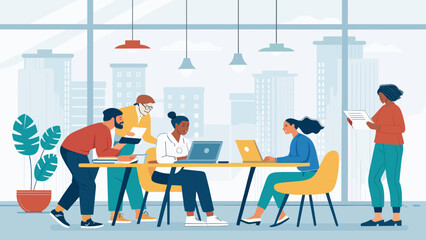 Diverse team collaborating on project in modern office, ideal for website or presentation.