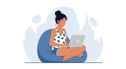 Woman working on laptop from home, illustration for blog or website