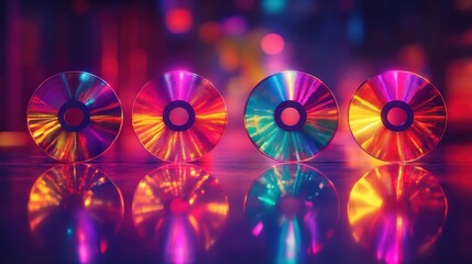 Four colorful CDs reflecting in a dark, vibrant scene