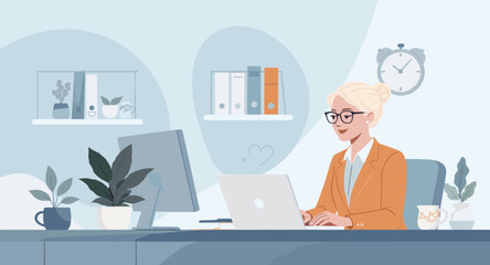 Woman working on laptop in modern office, perfect for website banners or business brochures.