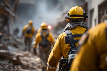 Fototapeta premium Rescue Workers Navigate Debris After Natural Disaster in City Area