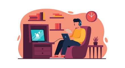 Man working from home on laptop, video conferencing, suitable for remote work or online communication articles.